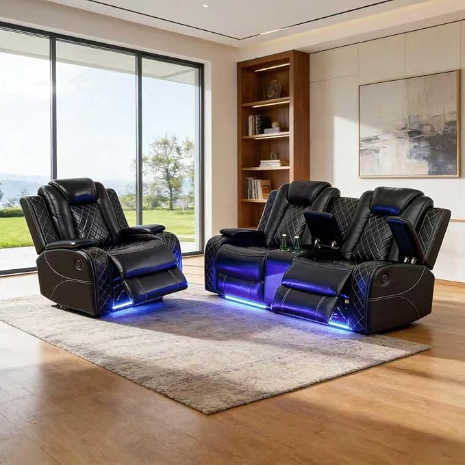 Power Recliner Sofa Set for Living Room Furniture Set, Leather Reclining Loveseat and Chair with Cup Holders, Hidden Storage for Home Theater Seating (Loveseat and Chair, Black)