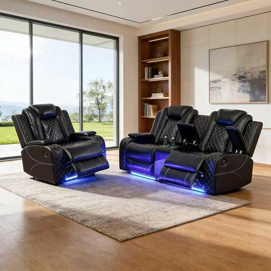 Power Recliner Sofa Set for Living Room Furniture Set, Leather Reclining Loveseat and Chair with Cup Holders, Hidden Storage for Home Theater Seating (Loveseat and Chair, Black)