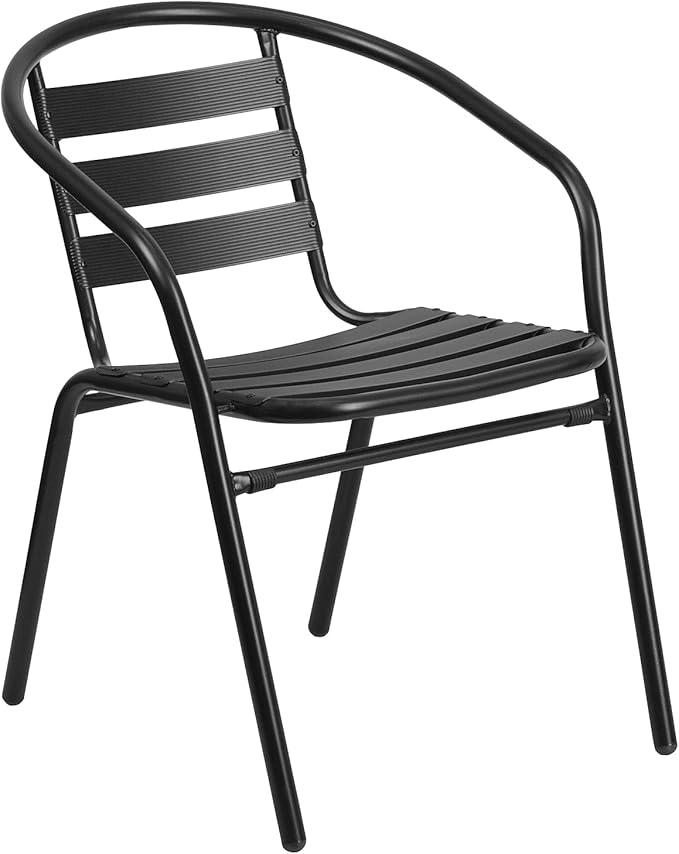 Flash Furniture 5-Piece Patio Dining Set with 31.5" Square Glass Metal Table and 4 Stackable Slat Back Chairs, Indoor/Outdoor Bistro Set, Black