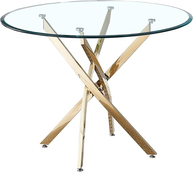 36" Coffe Table with Transparent Tempered Top,Round Glass Dining Desk for 4 W/Stainless Steel Feet,for Kitchen Living Room Gathering,in Gold/Clear Finish