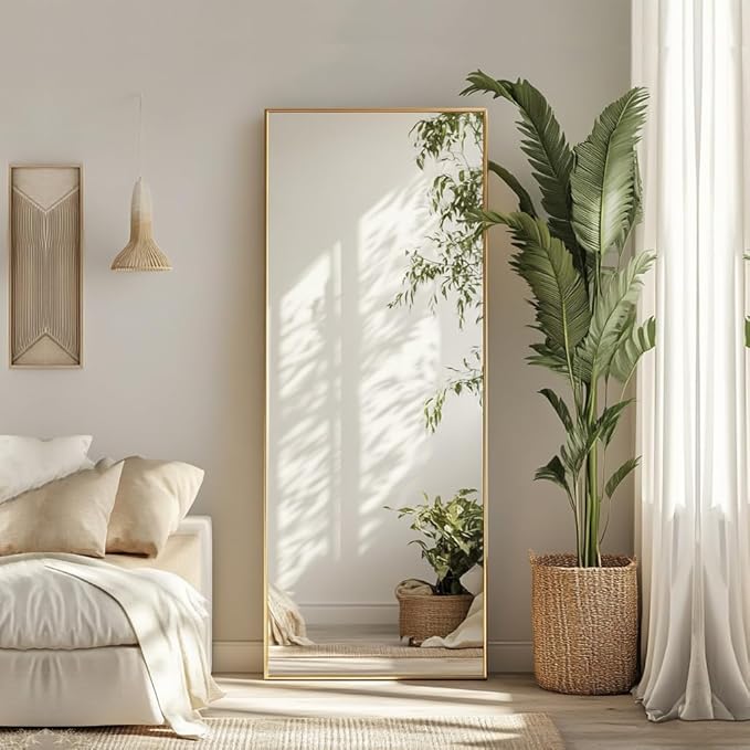 Gold Full Length Mirror, Standing Mirror Full Length with Aluminum Metal Frame, Body Mirrors for Bedroom, Living Room, Yoga Room, Gym. (56x18 inch, Gold)