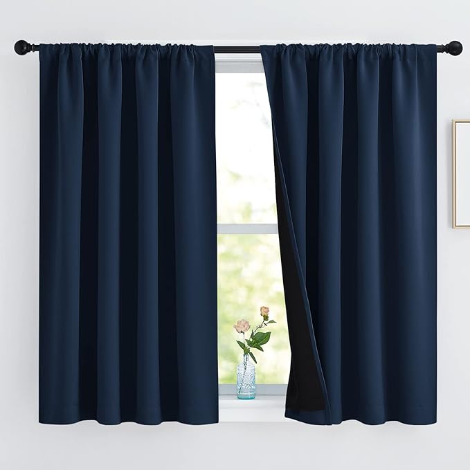 NICETOWN 100% Blackout Curtains with Black Liners, Thermal Insulated 2-Layer Lined Drapes, Energy Efficiency Small Window Draperies for Dining Room (Navy, 2 Panels, 52 inches W by 54 inches L)