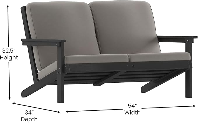 Flash Furniture Charlestown Adirondack Style Deep Seat Patio Loveseat with Cushions - Black Poly Resin Frame - Charcoal All-Weather Cushions - Indoor/Outdoor