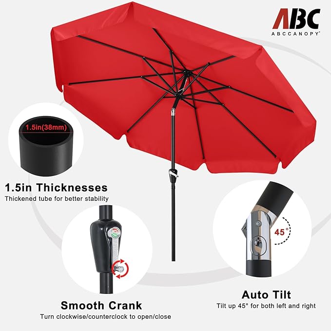ABCCANOPY 10ft Scalloped Patio Umbrella, Outdoor Table Umbrella with Tilt and Crank, Fiberglass Ribs Deck Umbrella for Patio, Pool, Garden, Picnic (Bright Red)