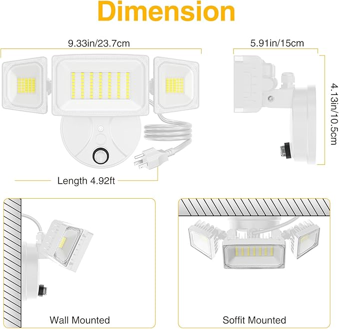 Onforu Plug in Flood Light,60W 6000LM Dusk to Dawn Outdoor Lighting,with Remote,IP65 Waterproof,3 Adjustable Heads Light for Garage Yard
