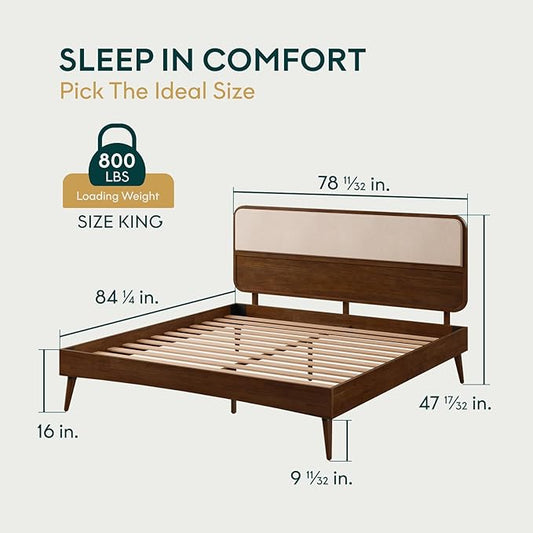 Bme Solid Wood Calista King Bed Frame – Chestnut Finish Platform Bed with Upholstered Headboard, Mid-Century Modern Style with Sturdy Slats & Tapered Legs, No Box Spring Needed