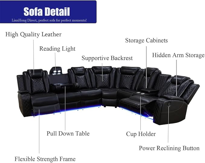 Power Sectional Sofa, Power Recliner Sofa Set for Living Room, Leather Reclining Sectional, Black 3PCS Recliner Couch Loveseat Sets with LED, USB Charging, Cup Holders, Storage for Home/Office