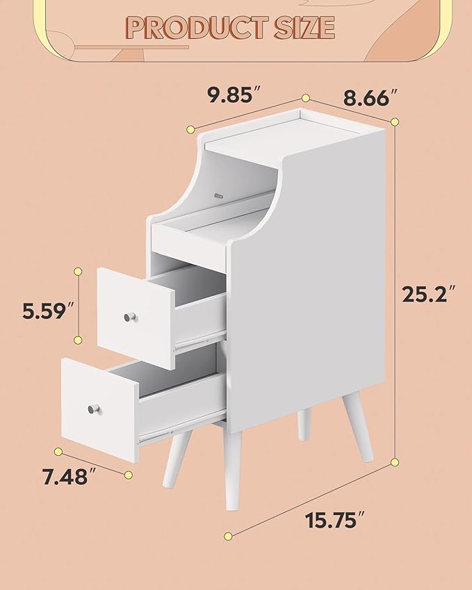 WLIVE Small Nightstand with Drawers, Narrow Bedside Tables with Open Shelf & Cable Hole, Narrow Nightstand for Bedroom, Modern Storage Cabinet for Small Spaces/Living Room, White