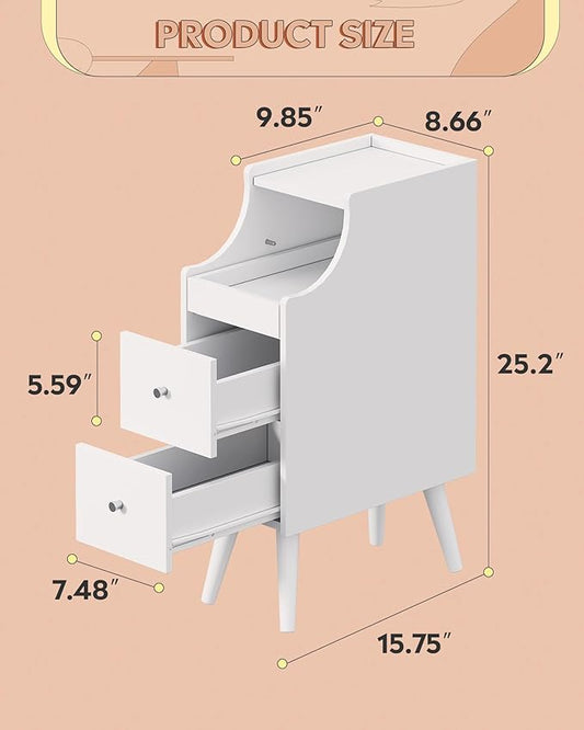 WLIVE Small Nightstand with Drawers, Narrow Bedside Tables with Open Shelf & Cable Hole, Narrow Nightstand for Bedroom, Modern Storage Cabinet for Small Spaces/Living Room, White