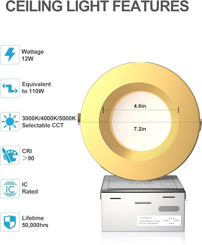 Lightdot 6 Inch Recessed Lighting 24 Pack Gold, 12W Dimmable LED Downlight 3CCT Selectable (3000K/4000K/5000K), Anti-Glare Slim Canless Ceiling Light