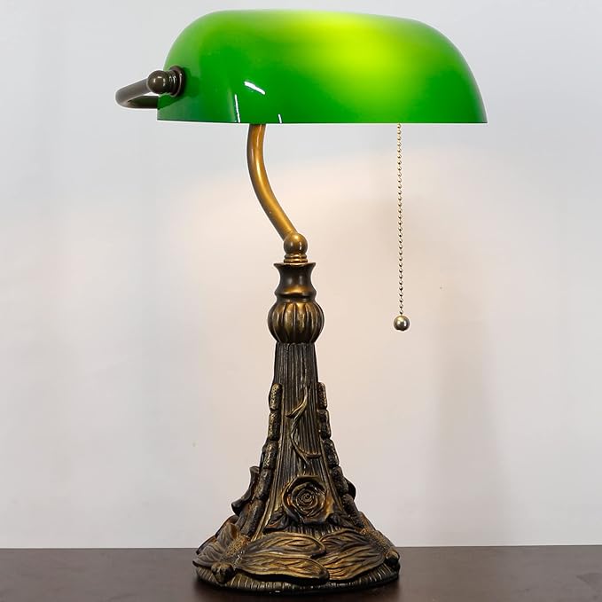 Tiffany Banker Lamp Small Stained Glass Table Lamp Tiffany Style Piano Light Green Glass Style Desk Lamp Angle Adjustable 10.6X15.7Inch for Home Office Living Room Bedroom