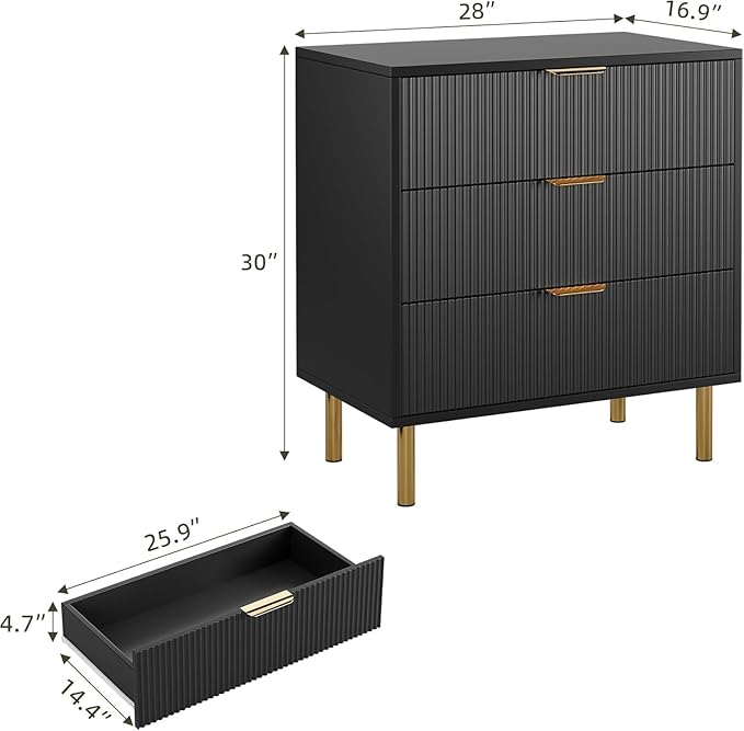 IDEALHOUSE Black Dresser, Modern 3 Drawer Dresser for Bedroom with Gold Handle and Large Drawer, Wood Double Chest of Drawers and Storage Organizer for Living Room, Hallway, Entryway