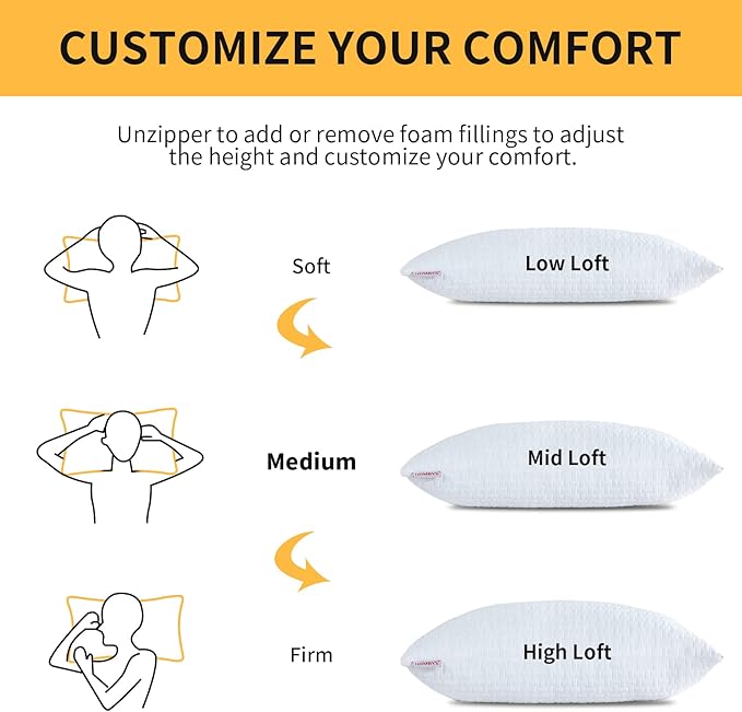 HOMBYS 2 Pcs Extra Firm Bed Pillows for Sleeping, Shredded Memory Foam Pillows King Size, for Side, Back, Stomach Sleepers,40% Viscose Made from Bamboo Cooling Cover