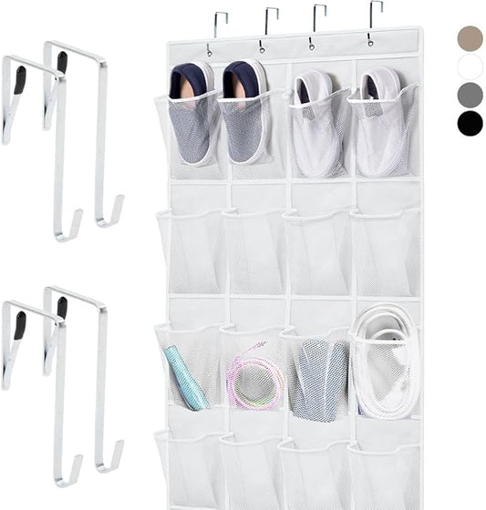 HOME GENIE Over the Door Hanging Shoe Organizer, 24 Breathable Mesh Pockets, Closet Rack Storage Holder, Stay in Place Hooks Hang on Closets, Hanger Holds Up to 40 lbs for Shoes, Accessories, White