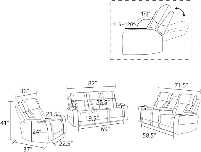 Power Leather Reclining Sofa with LED Light,Double Recliner Sofa with Drop Down Coffee Table/USB Port/Storage,3 Seater Leather Couch for Living Room Furniture Sets(3 Seats,Beige)