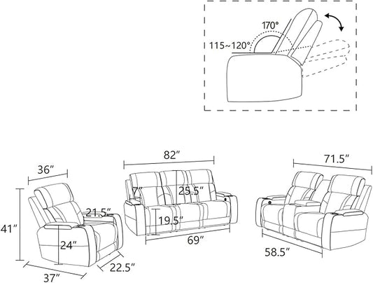 Power Leather Recliner Sofa Set with LED Light,Reclining Sofa and 2*Chairs Set with Coffee Table/USB Charger/Storage,Luxury Leather Couch for Living Room/Home Theater(3+1+1 Seats,Beige)