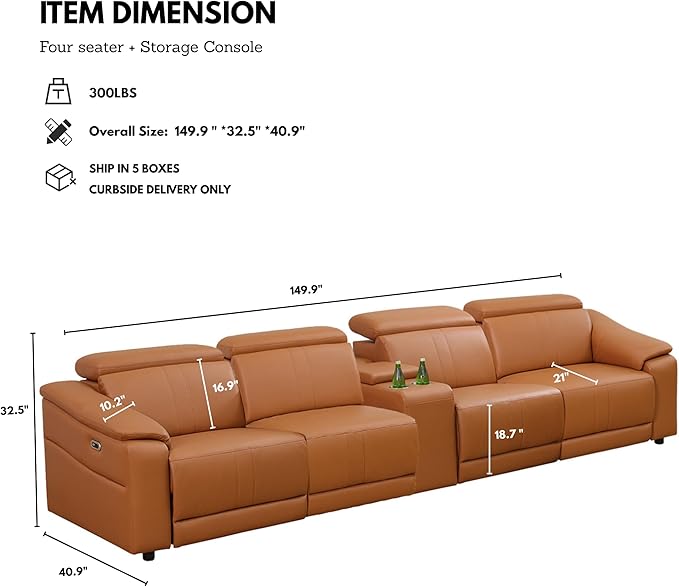 Breathing Leather Recliner Sectional Sofa, Reclining Sectional Couch with Adjustable Headrest&Storage Console, L Shaped Couch with Dual Recliner for Living Room (Four Seater Sofa+Console)