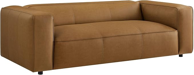 Modway Auren Vegan Leather Sofa in Camel - Faux Leather 3 Seater Couch - 88 Inch Comfy Modern PU Leather Sofa - Oversized Mid Century Modern Couch for Living Room, Apartment, Loft