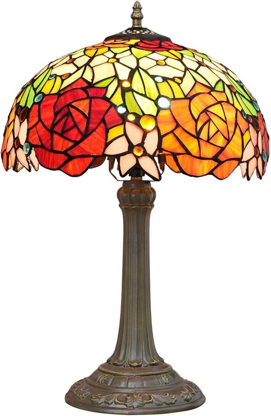 Tiffany Lamp Rose Flower Stained Glass Table Lamp 12X12X18 Inches Rose Style Desk Reading Light Decor Bedside Bedroom Living Room Home Festival Birthday Valentine's Day Christmas Gift