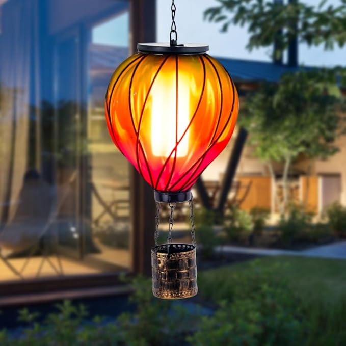Colorful Solar Hot Air Balloon Lantern with Flame Flickering, Outdoor Waterproof Hanging Light for Patio, Porch, Yard, Garden Decor