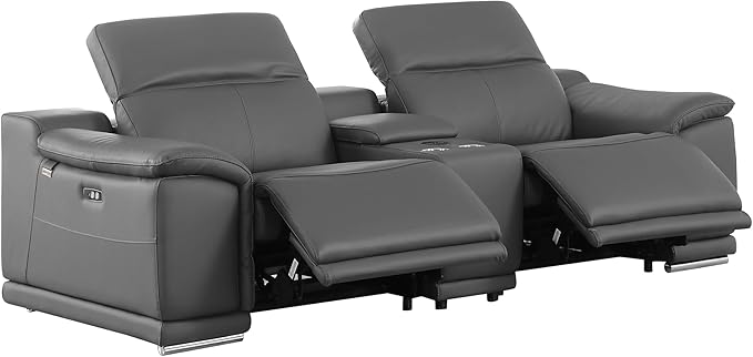BlackJack Furniture Venice Top Grain Italian Leather Power Recline 8 Piece 5 Seater Sofa - 134" Theater Seating Modern Couch for Living Room Lounge with Adjustable Headrests & USB Port, Dark Grey