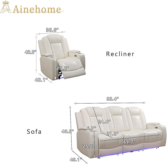 A Ainehome Power Leather Recliner Sofa Set with LED Lights, Reclining Sectional Sofa and Loveseat with USB Port/Storage Console (Creamy White, Sofa+Chair)