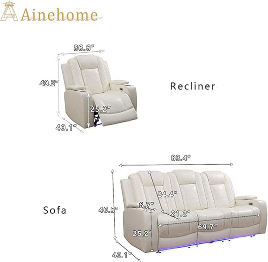A Ainehome Power Leather Recliner Sofa Set with LED Lights, Reclining Sectional Sofa and Loveseat with USB Port/Storage Console (Creamy White, Sofa+Chair)