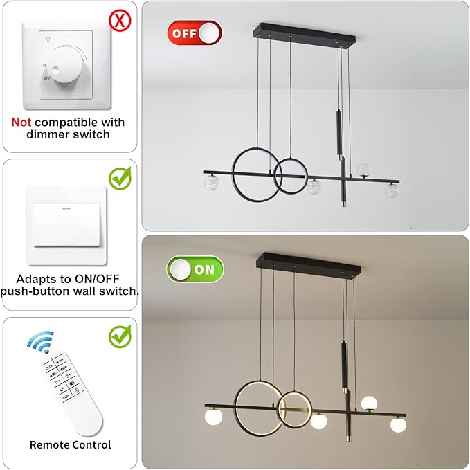 Modern LED Pendant Lights, Dimmable 47in Linear LED Chandelier Lighting, Upgraded Black & Gold Dining Room Hanging Light Fixtures Kitchen Island Globe Pendant Light for Dining Table (4200lm)