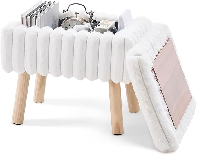 Wimarsbon Storage Ottoman,Soft Faux Fur Footstool with Padded Seat, Small Reading Vanity Chair, Footrest with Wood Tray for Couch, Mini Coffee Table or Display Stand (Cream)