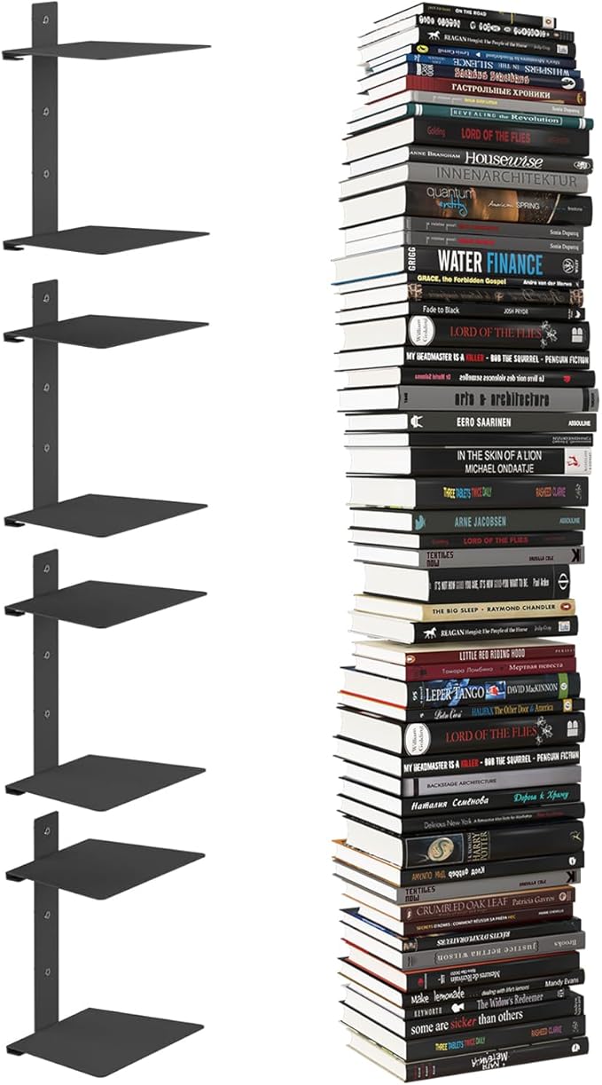 Invisible Bookshelf for Wall, 8 Tier Floating Bookshelf Made of Heavy Duty Metal, Vertical Spine Book Tower Hanging Wall Bookshelf, Floating Book Shelves for Wall, 4 Pack Black