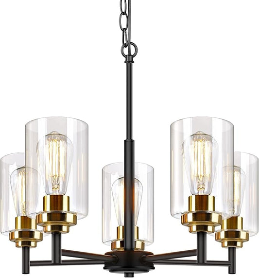 Sucolite 19.8'' 5-Light Chandelier for Dining Room Kitchen Island, Modern Farmhouse Pendant Lighting with Glass Shades Industrial Black Hanging Ceiling Light Fixture for Living Room, Height Adjustable