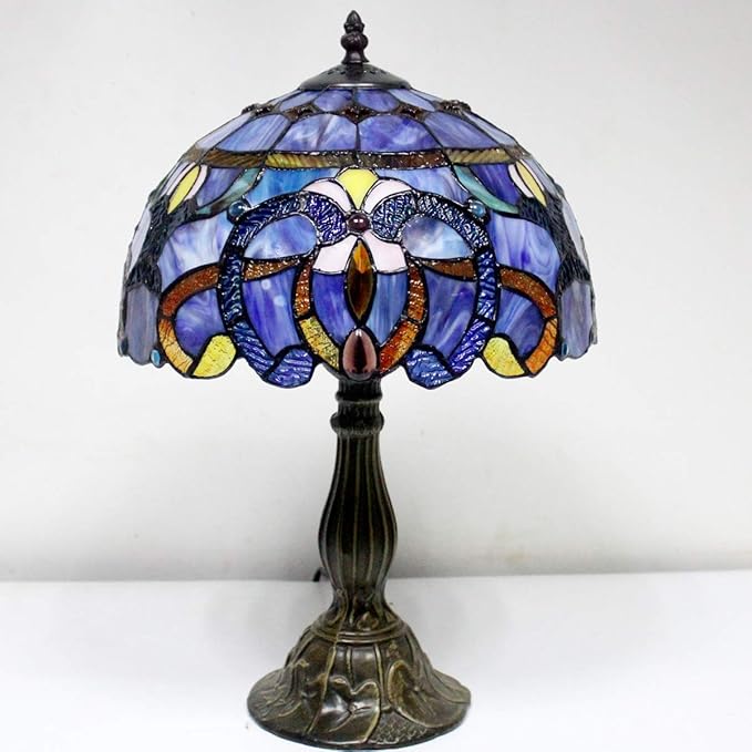WERFACTORY Tiffany Lamp Blue Purple Stained Glass Style Table Lamp Reading Desk Light 12X12X18 Inches Decor Bedroom Living Room Home Office S558 Series