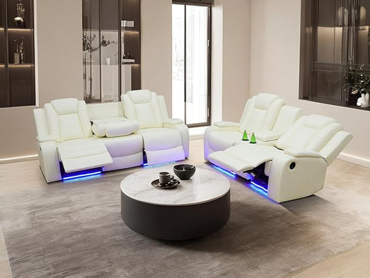 Living Room Furniture Sets, Power Reclining Sofa Set,Vanilla White Leather Sofa Living Room Power Sofa,Loveseat with Cup Holders/Storage Console/LED Light for Living Room