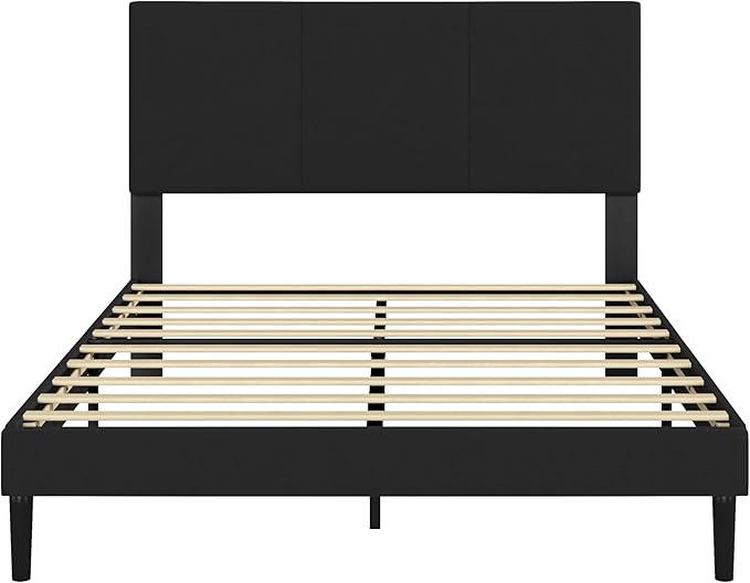Full Size Bed Frame with Upholstered Headboard, Sturdy Wood Slats, No Box Spring Required, Silent, Easy Assembly,Black
