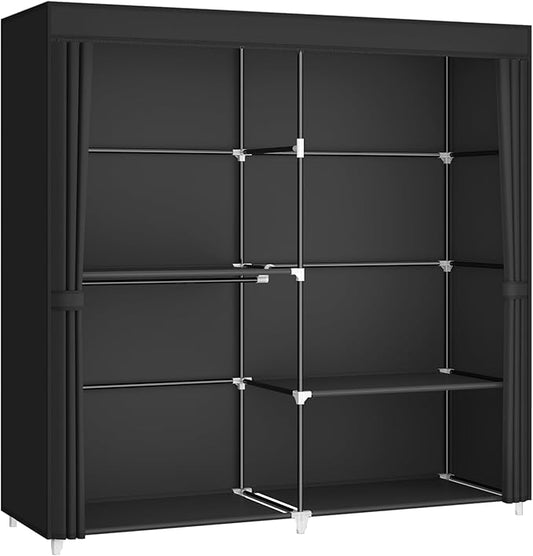 62.5" Closet Wardrobe, Portable Closet for Bedroom, Freestanding Clothes Rack with Non-Woven Fabric Cover, 3 Hanging Rods, 4 Storage Shelves, Clothes Storage Organizer, Black