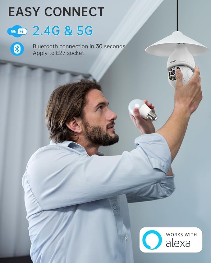 WESECUU Security Light Bulb Camera, 2K Light Bulb Security Camera Outdoor WiFi, 360° PTZ Light Socket Security Camera, Motion Detection Spotlight Siren, 24/7 Continuous Recording 2.4GHz
