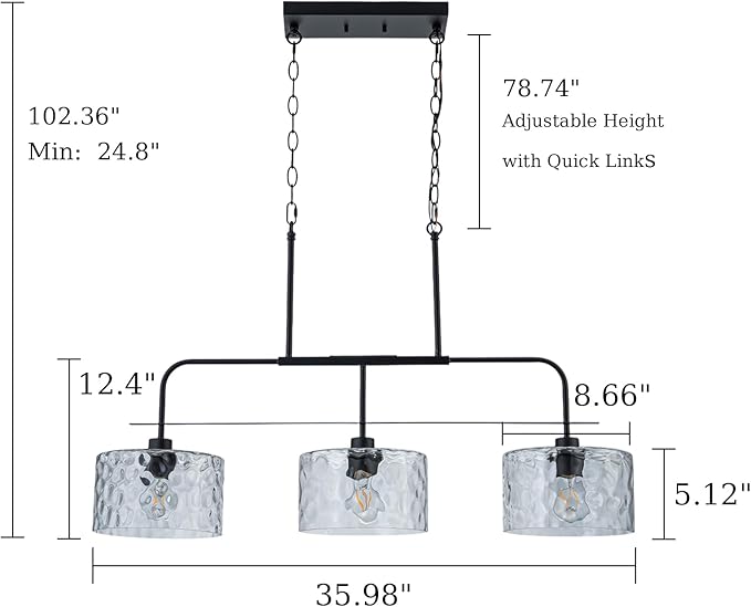 36" Linear Chandelier with Clear Rippled Glass Shades 3-Light Black Linear Pendant Light, Industrial Hanging Chandelier for Kitchen Island, Dining Room, Living Room, Pool Table
