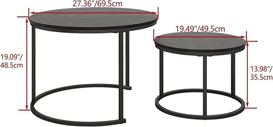 HOJINLINERO Round Coffee Table,Nesting Coffee Table Set of 2,Center Tables for Living Room,Office, Home Small Space,Stacking Side Tables,Sturdy and Easy Assembly,Wood Desktop,Black,Large