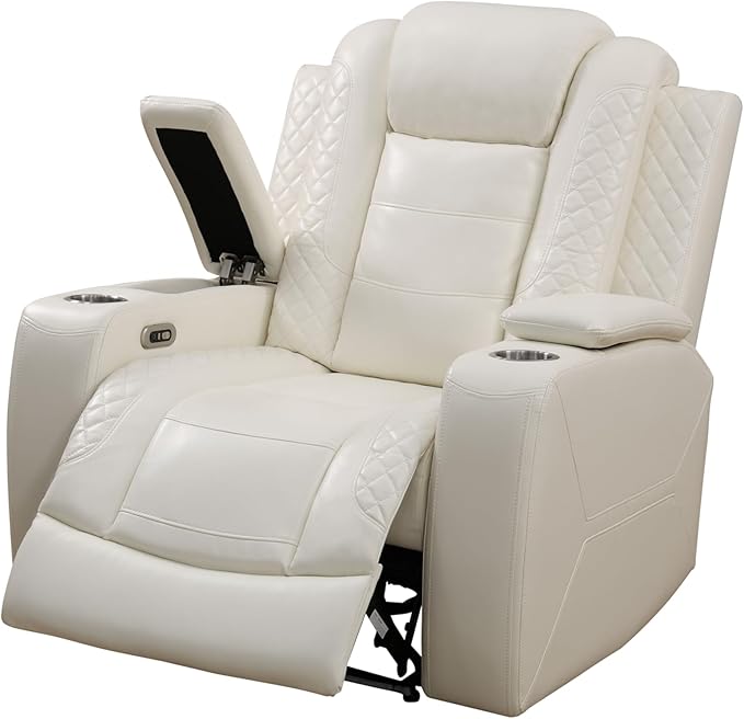 Power Recliner Chair for Living Room, Breathing Leather Reclining Chair with LED Lighting, USB Charging Port and Armrest Hidden Storage (Cream White,Upgared)