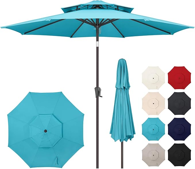 9FT Outdoor Patio Umbrella - 2 Tiers Table Umbrella Waterprool UV Protection, Sombrillas de Patio with Push Button Tilt, Sun Umbrella for Pool, Porch, Garden, Yard (Aqua Blue)