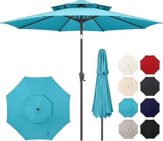 9FT Outdoor Patio Umbrella - 2 Tiers Table Umbrella Waterprool UV Protection, Sombrillas de Patio with Push Button Tilt, Sun Umbrella for Pool, Porch, Garden, Yard (Aqua Blue)