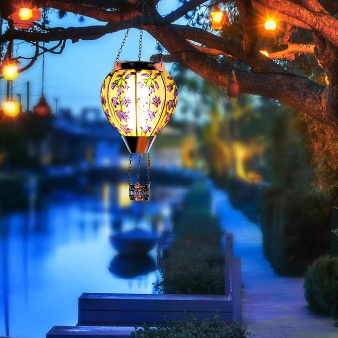 Starsoul Violet Hot Air Balloon Solar Lantern with Flickering Flame Light Solar Powered Hot Air Balloon Lamp Hanging Solar Light Waterproof for Patio Garden Yard Farmhouse Decor