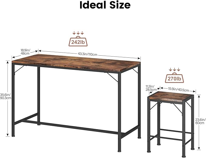 Homeiju Bar Table and Chairs Set, Bar Table with 2 Stools, Space-Saving Dining Pub Set for 2, Perfect for Kitchen, Breakfast Nook, Living Room & Small Spaces (Rustic Brown)