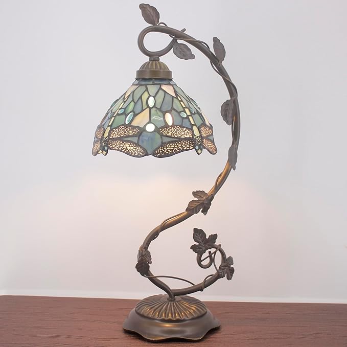 WERFACTORY Tiffany Lamp Sea Blue Stained Glass Dragonfly Style Desk Reading Light, Metal Leaf Table Lamp Base 8X10X21 Inches Decor Small Space Bedside Bedroom Home Office S147 Series