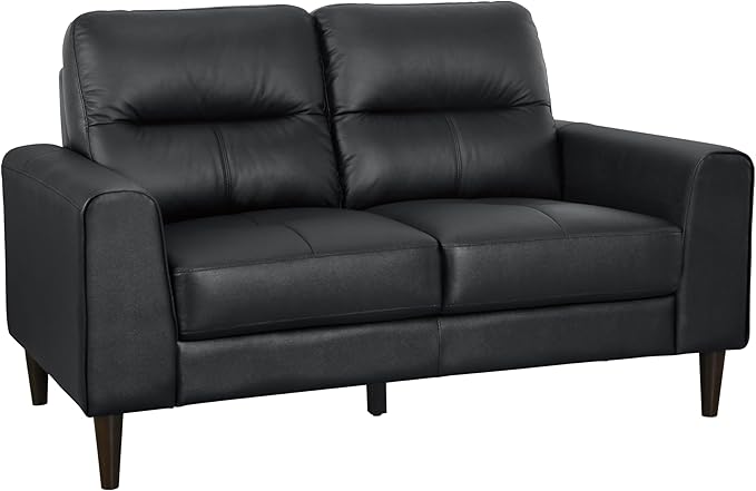 Lexicon 2 Piece Living Room Furniture Sets, Top Grain Leather Leather Match Living Room Sofa Set, Track Arm, Solid Wood Legs, Comfy Couches Including Loveseat & Sofa, 2 Pieces, Black