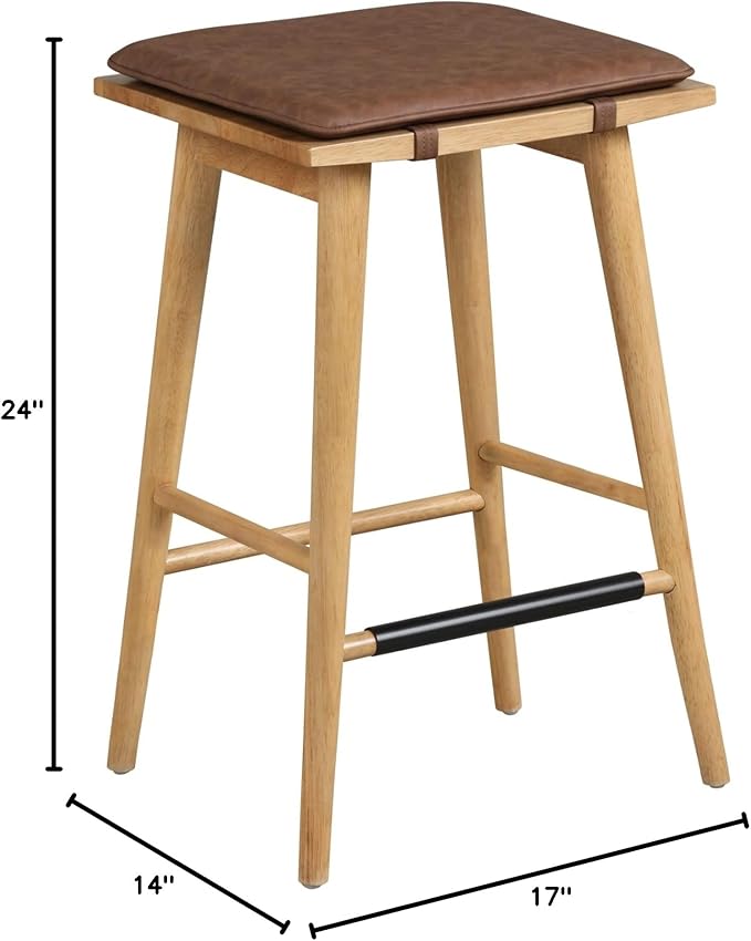 Nathan James Barker Classic Counter Height Wood Barstool with Leather Removable Cushion, Backless Island 24" Bar Stool for Kitchen, Chestnut Brown