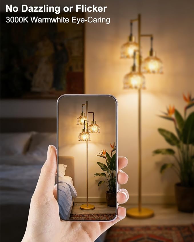 Lightdot 3-Light Lotus Floor Lamps 65'' Dimmable Floor Lamp with Brown Glass Shade& E12 Bulbs Included, Mid Century Tall Flower Lamp for Living Room/Bedroom/Sofa Beside/Corner Decor-Gold