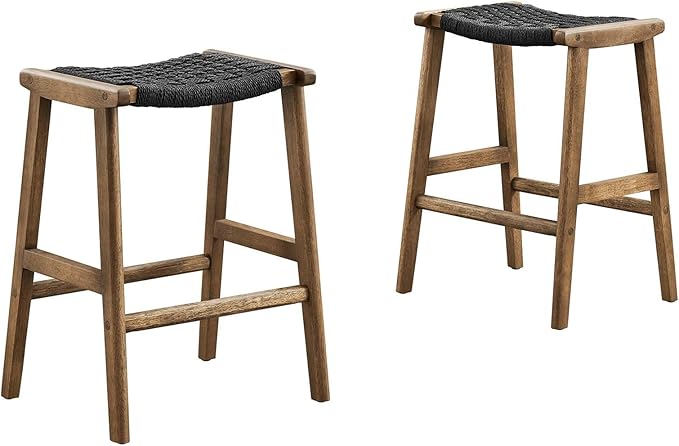 Modway Saoirse Woven Rope Wood Counter Stool - Set of 2 in Walnut Black