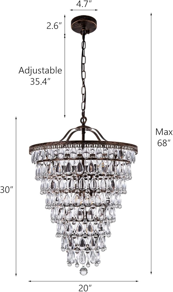 Wellmet 20 Inch Crystal Chandelier, Farmhouse Bronze Bathroom Chandeliers, 8-Lights Foyer Lighting Round Hanging Ceiling Light Fixture for Living Room, Bedroom, Entryway, Kitchen Island, Cone Shape