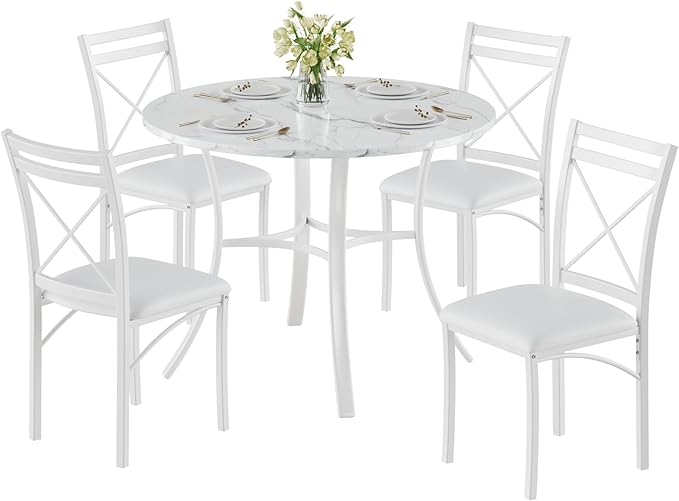 VECELO 5 Piece Dining Table Set for 4 with Chairs, Faux Marble Tabletop, Small Space, Kitchen, Breakfast Nook, White
